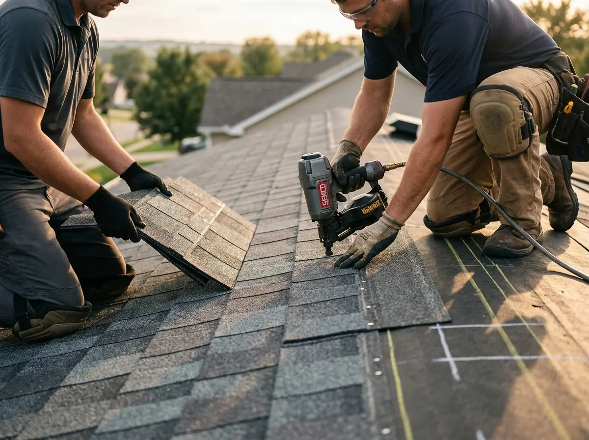 Professional roofer working on a residential roof in Pikeville